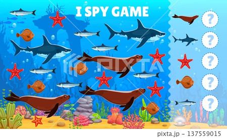 I spy game worksheet with cartoon sea fish and animals. Vector ocean riddle for kids, count seals, sharks, sardines, starfish and flatfish in colorful underwater scene full of marine life and bubbles 137559015