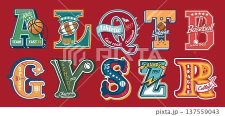 Varsity sport patch labels and prints for college, university or school club jackets. Vector baseball, basketball, american football or rugby balls, bats and flags varsity letter retro patches set Varsity sport patch labels and prints for college, university or school club jackets. Vector baseball, basketball, american football or rugby balls, bats and flags varsity letter retro patches set 137559043