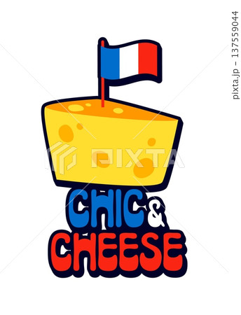 France chic and cheese vintage Y2K sticker or tag. Europe country tourism vector sticker, France flag colors Y2K patch. French cuisine tag with parmesan, cheddar or edam cheese piece and typography 137559044