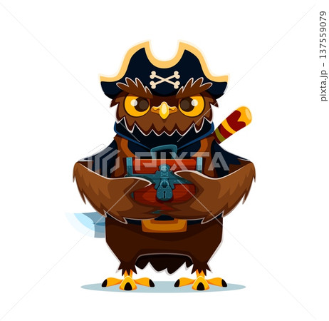 Cartoon brown owl bird pirate vector character with yellow eyes wearing black tricorn hat. Owl corsair holds a locked wooden treasure chest and has a sword strapped to its back. Cartoon mascot Cartoon brown owl bird pirate vector character with yellow eyes wearing black tricorn hat. Owl corsair holds a locked wooden treasure chest and has a sword strapped to its back. Cartoon mascot 137559079