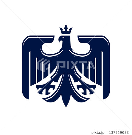Medieval eagle bird with crown, heraldic royal emblem. Hawk medieval coat of arms vector emblem, falcon vintage crest symbol. Eagle bird of pray icon or sign with spread wings feather and golden crown 137559088