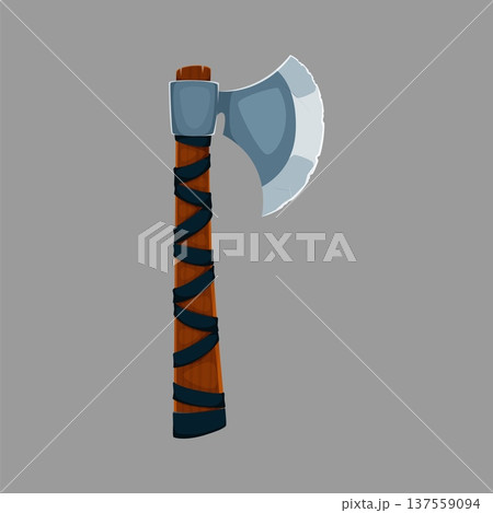 Cartoon pirate axe cold steel arms and weapon with curved steel blade and wooden handle wrapped with rope. Cold steel maritime weapon. Isolated vector corsair ax, pirate equipment for war and battle 137559094