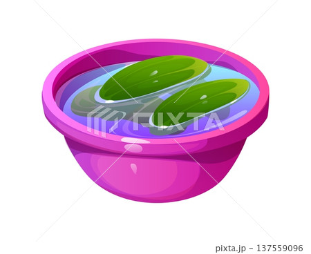 Fresh cucumbers soaking in a pink bowl filled with clear water, showing a cooking process, food preparation, freshness and the rinsing step before further use on kitchen. Cartoon vector vegetables 137559096