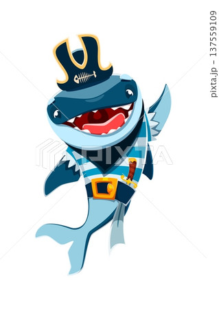 Cartoon cute shark animal pirate crew vector character with sharp teeth, dressed in corsair clothes and holding a sword on his belt. Storybook, game and adventure, animation and sticker personage Cartoon cute shark animal pirate crew vector character with sharp teeth, dressed in corsair clothes and holding a sword on his belt. Storybook, game and adventure, animation and sticker personage 137559109