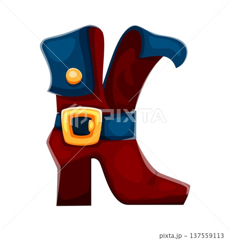 Pirate font cartoon leather boot letter K. Maritime typeset element, pirate nautical typeface vector letter. Piracy marine sailing font sign or symbol with pirate shoe, costume element 137559113