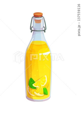 Cartoon glass bottle with lemonade, lemon juice sweet beverage. Natural juice refreshing drink vector bottle, citrus fruit homemade beverage. Summer lemonade with lemon tropical fruit slice and mint Cartoon glass bottle with lemonade, lemon juice sweet beverage. Natural juice refreshing drink vector bottle, citrus fruit homemade beverage. Summer lemonade with lemon tropical fruit slice and mint 137559116