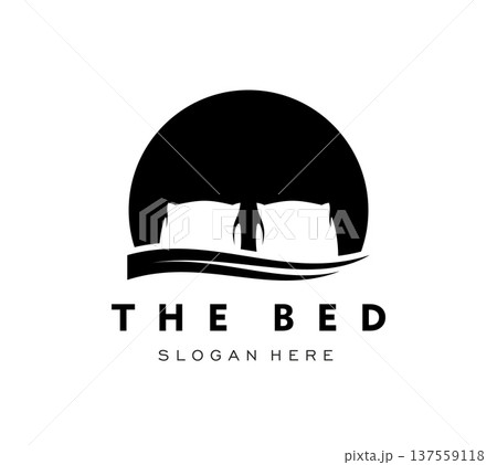 Bedroom bed icon, hotel or furniture shop emblem. Hotel accommodation vector symbol, bedroom textile shop emblem. Comfort mattress icon or bed furniture sign with pillows and typography Bedroom bed icon, hotel or furniture shop emblem. Hotel accommodation vector symbol, bedroom textile shop emblem. Comfort mattress icon or bed furniture sign with pillows and typography 137559118