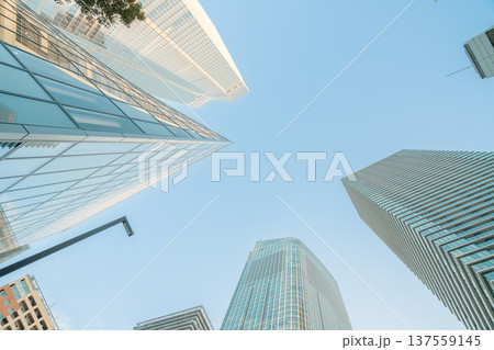東京都港区の再開発エリア：青空にそびえ立つ高層ビル群とオフィスビル 137559145