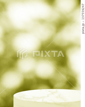 Minimalist Product Display with Leaf Shadows on a Green Wall and Marble Stand. Minimalist Product Display with Leaf Shadows on a Green Wall and Marble Stand. 137559247