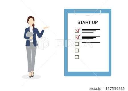 START UPを説明するスーツの女性のイラスト START UPを説明するスーツの女性のイラスト 137559283