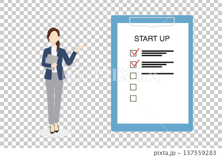Illustration of a woman in a suit explaining START UP Illustration of a woman in a suit explaining START UP 137559283