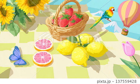 Basket with strawberries lemons butterfly sunflower picnic cloth bright summer scene cheerful 137559428