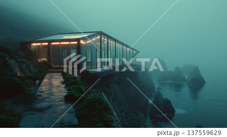 Futuristic cliffside glass house cliffside glass house ocean cliff foggy coastline glowing frame modern architecture 137559629