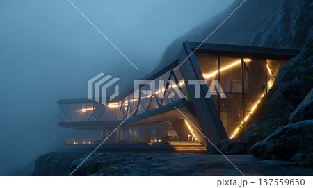 Futuristic cliffside glass house glowing structural frame modern architecture illuminated stairs ambient foggy evening Futuristic cliffside glass house glowing structural frame modern architecture illuminated stairs ambient foggy evening 137559630