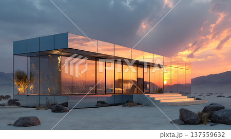 Mirrored glass desert house at sunset reflecting orange sky and sparse rocks with modern interior seating 137559632