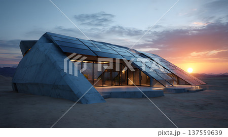 Futuristic desert smart house with solar glass walls reflecting sunset and warm interior glow 137559639