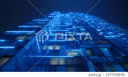 Futuristic residential building glowing with blue grid lines and illuminated windows, night city facade conveying modern energy 137559640