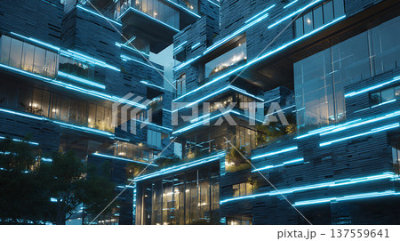 Futuristic residential building glowing blue grid lines modern glass balconies lush greenery at night emotive 137559641