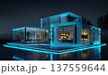 Futuristic smart home glowing blue neon light modern minimal architecture night, serene illuminated exterior and reflective 137559644
