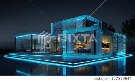 Futuristic smart home glowing blue neon light modern minimal architecture night, serene illuminated exterior and reflective Futuristic smart home glowing blue neon light modern minimal architecture night, serene illuminated exterior and reflective 137559644