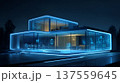 Futuristic smart home glowing in blue neon light modern minimal glass architecture at night, sleek ambient mood 137559645