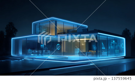 Futuristic smart home glowing in blue neon light modern minimal glass architecture at night, sleek ambient mood Futuristic smart home glowing in blue neon light modern minimal glass architecture at night, sleek ambient mood 137559645