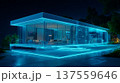 Futuristic smart home glowing in blue neon light modern minimal interior at night serene and innovative atmosphere 137559646