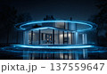 Futuristic smart home glowing in blue neon light modern minimal architecture at night with reflection 137559647