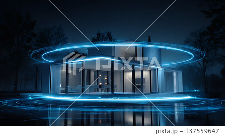 Futuristic smart home glowing in blue neon light modern minimal architecture at night with reflection Futuristic smart home glowing in blue neon light modern minimal architecture at night with reflection 137559647