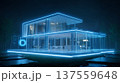 Futuristic smart home glowing in blue neon light modern minimal glass house with luminous outline and reflective pool at night 137559648
