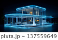 Futuristic smart home glowing blue neon light modern minimal architecture night with illuminated glass facade and interior 137559649