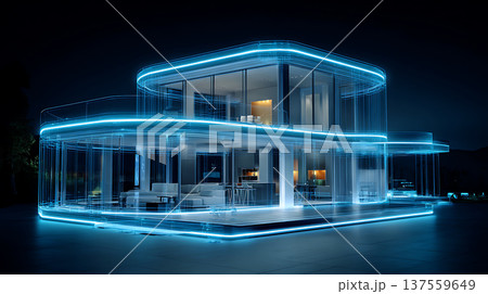 Futuristic smart home glowing blue neon light modern minimal architecture night with illuminated glass facade and interior Futuristic smart home glowing blue neon light modern minimal architecture night with illuminated glass facade and interior 137559649