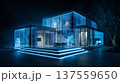 Futuristic smart home glowing in blue neon light modern minimal glass architecture with digital interface ambiance 137559650