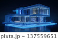 Futuristic smart home glowing blue neon light modern minimalist house with pool and glass walls night evoking sleek serenity 137559651