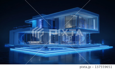 Futuristic smart home glowing blue neon light modern minimalist house with pool and glass walls night evoking sleek serenity 137559651