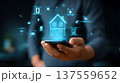 Smart home control interface with glowing house hologram and connected device icons, user operating smartphone with tech feel 137559652