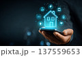 Smart home control interface glowing above smartphone with connected device icons, futuristic ambiance and subtle emotion 137559653