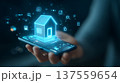 Smartphone projecting holographic smart home interface with connected device icons and glowing blue light 137559654