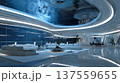 Futuristic underground smart house glass ceiling showing starry sky and spacious lounge with modern furniture, serene ambiance 137559655
