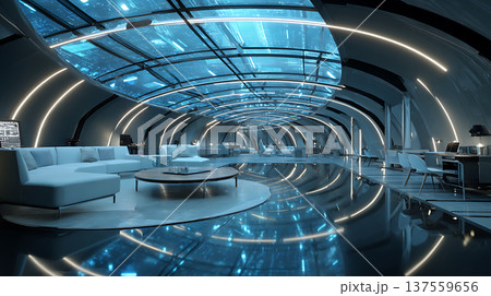 Futuristic underground smart house with glass ceiling, curved living space reflecting blue lights, modern lounge and work area Futuristic underground smart house with glass ceiling, curved living space reflecting blue lights, modern lounge and work area 137559656