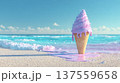 Giant pastel ice cream cone melting on tropical beach sand with playful pastel colors and sunny mood 137559658