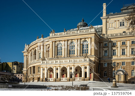 Snowy winter cityscape of UNESCO historic center of Odessa, Ukraine 137559704