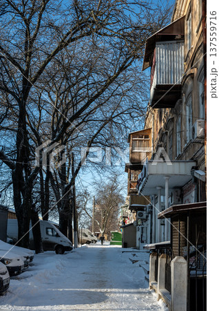 Snowy winter cityscape of UNESCO historic center of Odessa, Ukraine 137559716