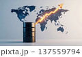 Oil crisis concept. Oil barrel with rising arrow on world map background, symbolizing global economic growth 137559794
