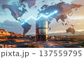 Oil crisis concept. Oil barrel on rocky terrain with rising graph and world map background, symbolizing global economic growth 137559795