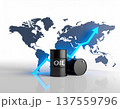 Oil crisis concept. Oil barrels with rising arrow on world map symbolize global economic growth 137559796
