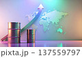 Oil crisis concept. Oil barrels with upward arrow and world map symbolize rising global oil prices 137559797