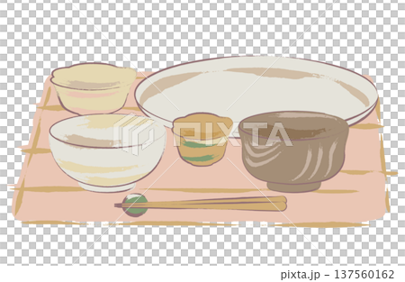 Hand-drawn illustration of tableware for a Japanese set meal Hand-drawn illustration of tableware for a Japanese set meal 137560162