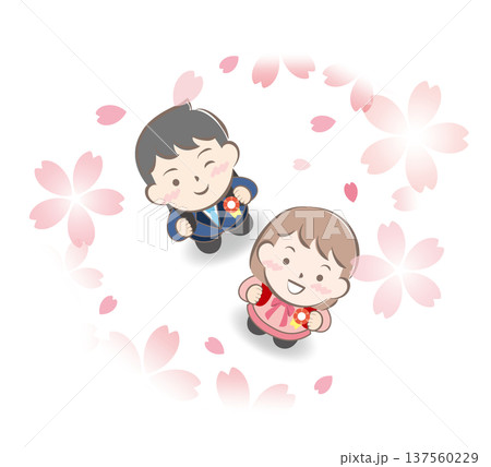 入学式で桜を見上げるランドセル姿の子供たち 入学式で桜を見上げるランドセル姿の子供たち 137560229