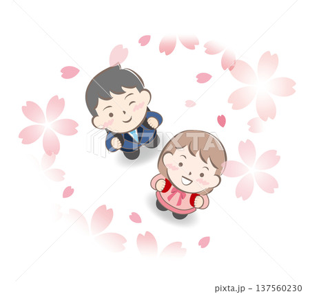 入学式で桜を見上げるランドセル姿の子供たち 137560230